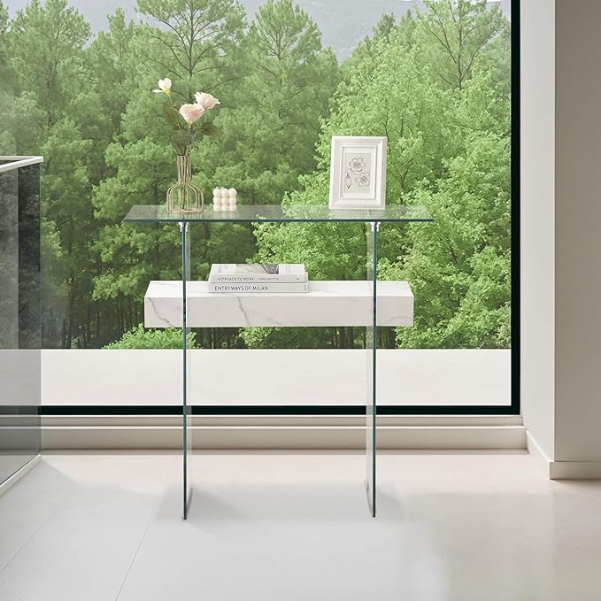 ivinta Glass Console Table with Storage, 31.5'' Modern Narrow Sofa Table with Storage Shelves for Living Room, Hallway, Foyer, Bedroom 5103 (White)-Ruum Studio Home