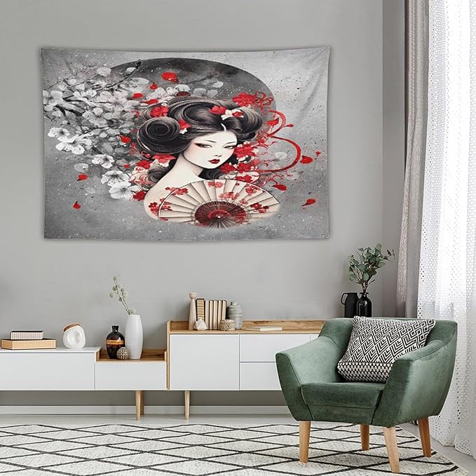 Japanese Geisha Tapestry Asian Red Cherry Blossom Red Sun Traditional Kimono Folk Tapestries Home Decor for Living Room Bedroom Apartment Farmhouse Dorm 90"x60"-Ruum Studio Home