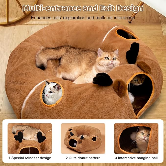 Odoland Reindeer Cat Tunnels Bed with 20 Kitten Toys for Indoor Cats, Plush Cats Couch Tunnel Bed - Kittens Cave Donut Tunnel - Detachable Soft Cat Bed and Variety Kitty Toy Set-Ruum Studio Home