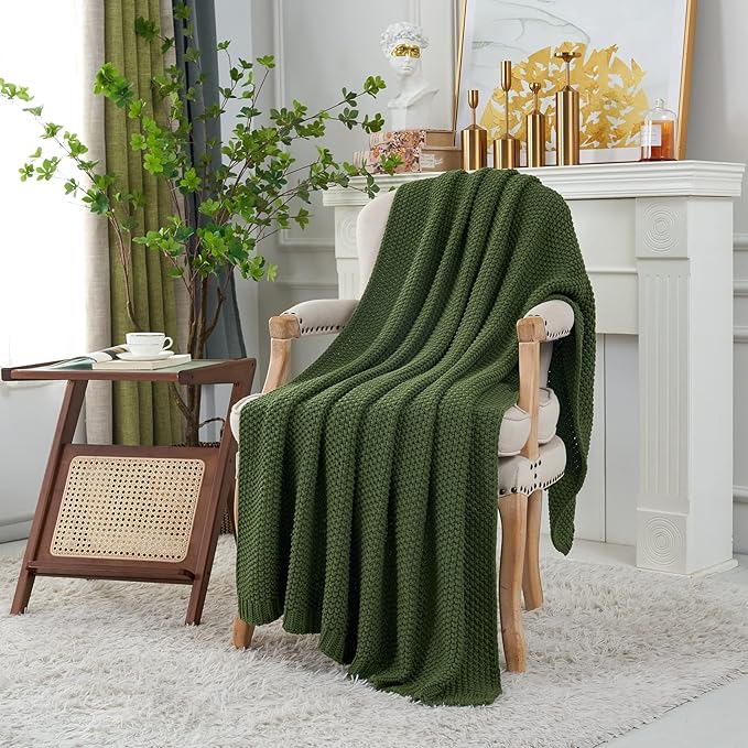 Longhui bedding Chunky Cable Knit Throw Blanket Lightweight Olive Green 100% Organic Cotton Blanket for Sofa Couch Bed Baby Nursery, Rustic Shabby Chic Modern Farmhouse, 60” x 80” Give Laundering Bag-Ruum Studio Home