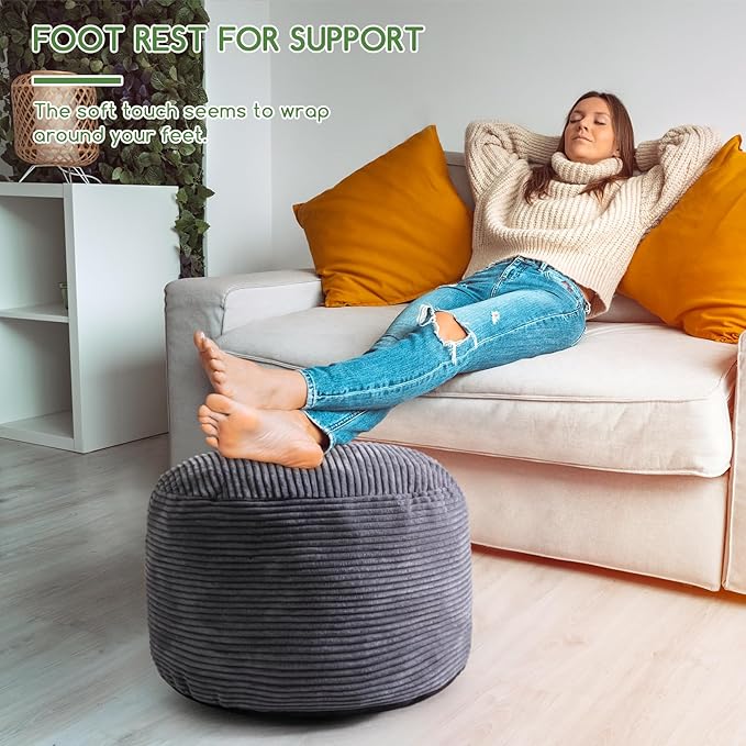 HIGOGOGO Round Stuffed Pouf Ottoman, Corduroy Poufs with Foam Chunk Filling, Furry and Fluffy Pouf Foot Stool Storage Ottoman, 20 X 15 Floor Poufs Foot Rest for Living Room, Dark Grey-Ruum Studio Home