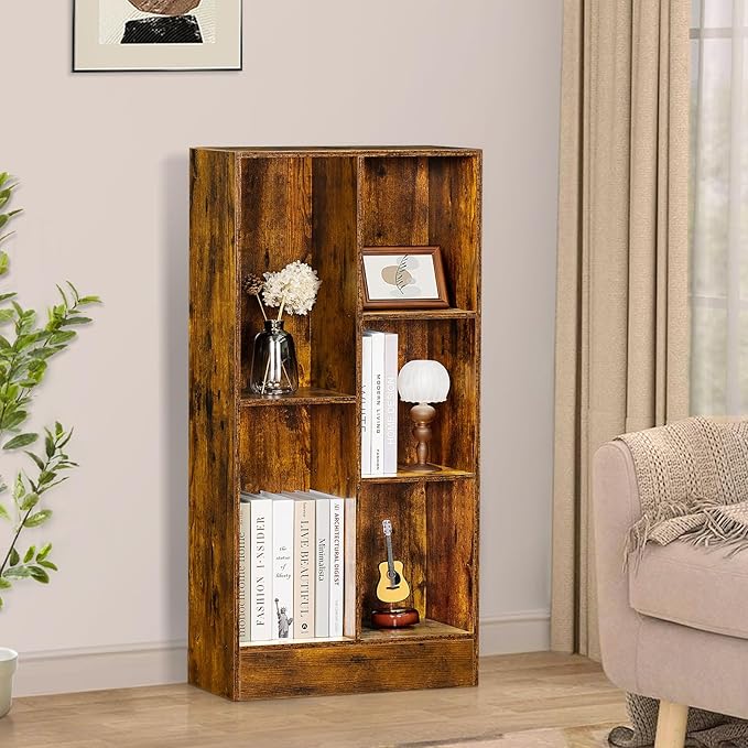 LEYAOYAO 5 Cube Mid-Century Modern Brown Wood Bookcase, 3 Tier Storage Organizer Shelf, Rustic Display Cabinet for Bedroom, Living Room, Office-Ruum Studio Home