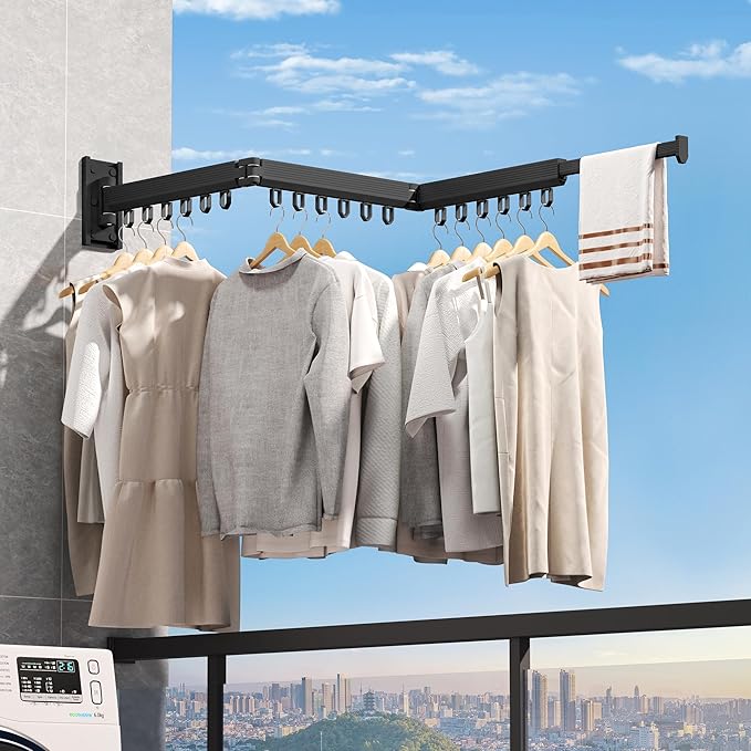 Wall Mounted Clothes Drying Rack, Retractable & Collapsible, Foldable Black-Ring Laundry Hanger-Ruum Studio Home