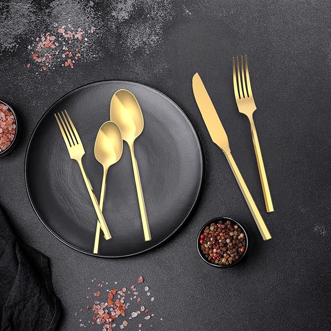Gold 20 Piece Stainless Steel Silverware Set, Handle Flatware, Modern Mirror Finish Cutlery Set, Service for 4, Dishwasher Safe-Ruum Studio Home