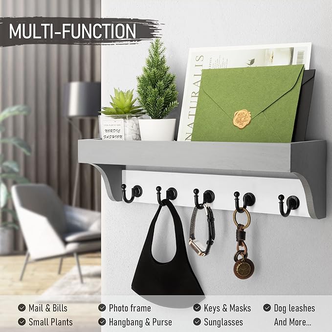 Rebee Vision Key Holder with Mail Organizer Wall Mount - Decorative Home Essentials for Key Rack with 5 Rustic Keys Hooks - Modern House Decor for Entryway (Gray & White)-Ruum Studio Home