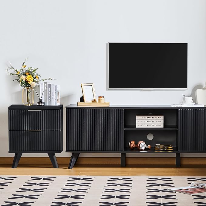 Fluted Nightstand Set of 2, Mid Century Modern 2 Drawer Dresser for Bedroom, Small Dresser Night Stand Side Table End Table with Wood Fluted Drawer Storage for Bedroom Closet(Black)-Ruum Studio Home