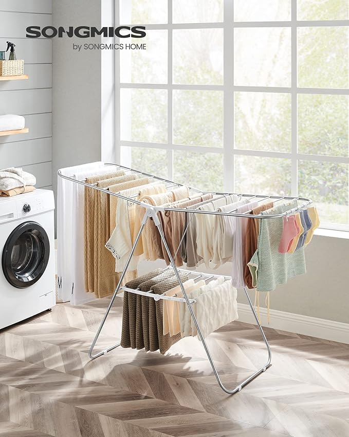 SONGMICS Clothes Drying Rack, with Sock Clips, Metal Laundry Rack, Foldable, Space-Saving, Free-Standing Airer, with 2 Height-Adjustable Gullwings, Indoor Outdoor Use, Silver and White ULLR052W01-Ruum Studio Home