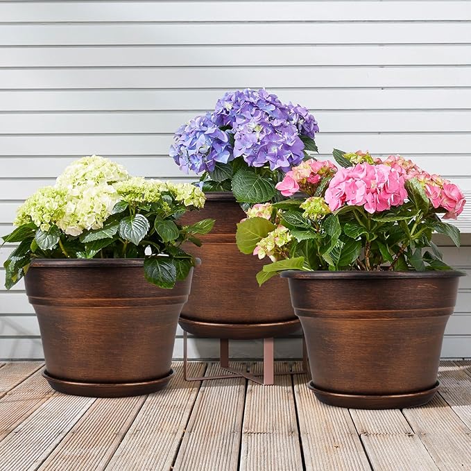 Plant Planters Pots Set of 6 Pack 6 Inch, Plastic Flower Pot for Indoor Plants with Drainage Holes & Trays, Resin Decorative Container Sets with Saucer for House Outdoor Garden Planters Dark Gold-Ruum Studio Home