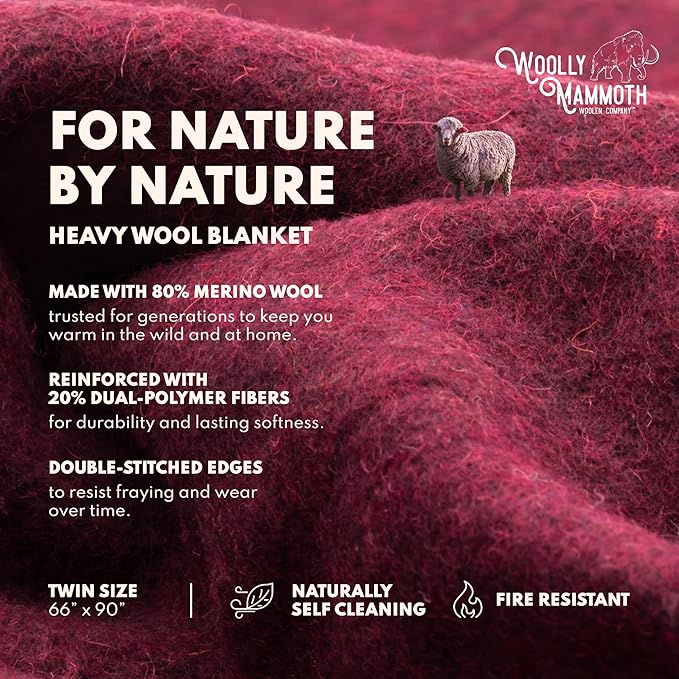 Woolly Mammoth Woolen Company Outdoor Merino Wool Throw Blanket - 66" x 90" Large Burgundy - Camping Essentials Bedroll & Emergency Survival Gear - Heavyweight Thermal & Breathable-Ruum Studio Home
