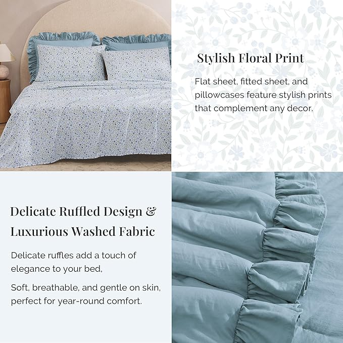 Full Comforter Set - 7 Pieces Ruffle Blue Bedding Sets, Shabby Chic Farmhouse Bed in a Bag Full with Ruffle Comforter, Floral Sheets, Pillowcases & Shams-Ruum Studio Home