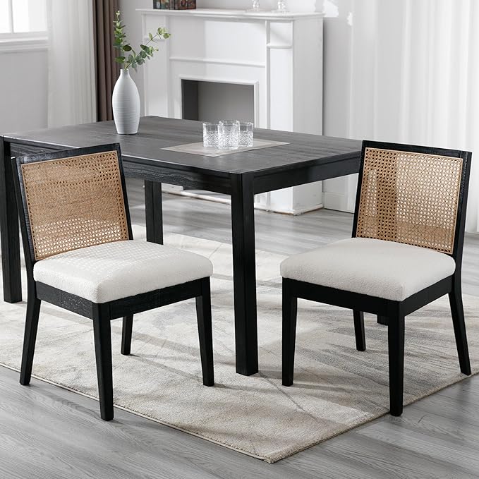 VESCASA Upholstered Dining Chairs with Square Rattan Back, Armless Padded Sherpa Fleece Cushion Dining Chairs with Wood Legs for Dining Room, Kitchen, Set of 2, Black Frame-Ruum Studio Home