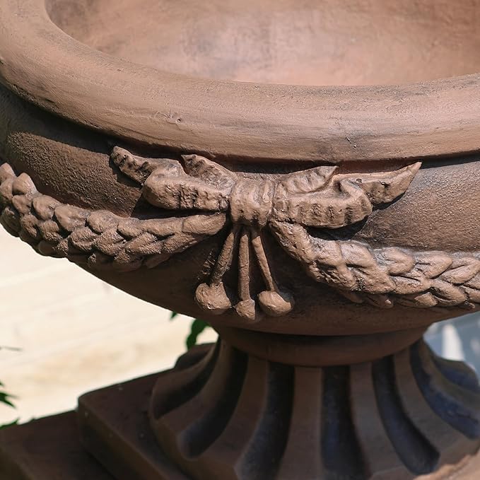 Vintage Garden Urn Planter with Pedestal, Cement and Fiber, Maked Bronze Color, Decorative Leaf Pattern, 30 Inch Height, Wrap Foam Safely Delivered from Local Warehouse (Bronze)-Ruum Studio Home