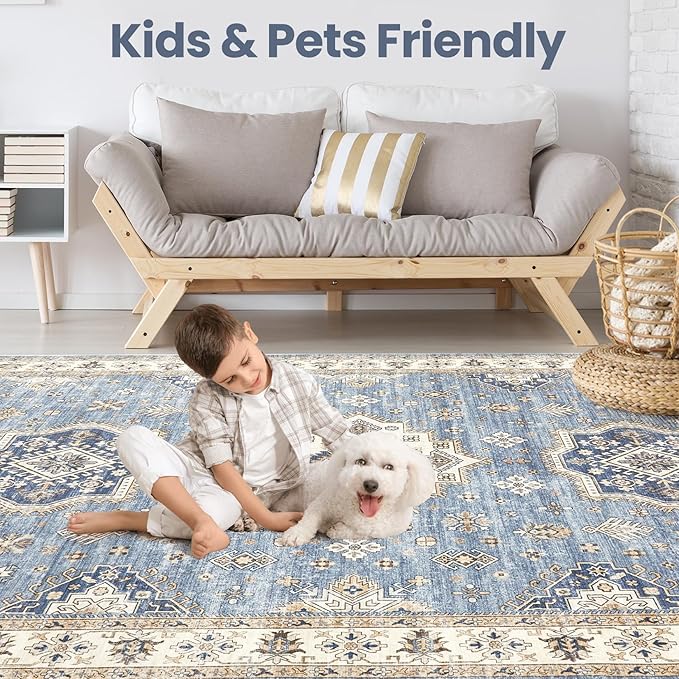Washable Area Rugs for Living Room -8x10 Neutral Vintage Distressed Floral Farmhouse Boho Large Soft Floor Rug Indoor Non Slip Carpet for Living Room Bedroom Dining Room Office - Blue-Ruum Studio Home