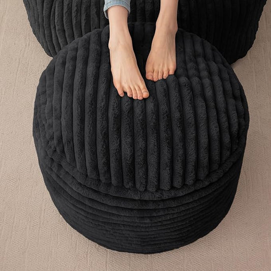 HIGOGOGO Round Stuffed Pouf Ottoman, Stripe Faux Fur Poufs with Foam Chunk Filling, Furry and Fluffy Pouf Foot Stool Storage Ottoman, 26 X 18 Floor Poufs Foot Rest for Living Room, Black-Ruum Studio Home