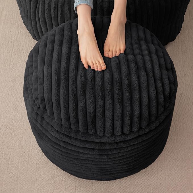 HIGOGOGO Round Stuffed Pouf Ottoman, Corduroy Poufs with High-Density Foam Filling, Furry and Fluffy Pouf Foot Stool Storage Ottoman, 20 X 15 Floor Poufs Foot Rest for Living Room, Black-Ruum Studio Home