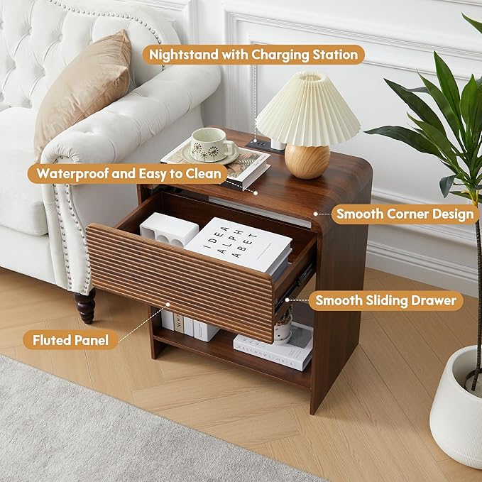 Fluted Nightstand with Charging Station, Mid Century Modern Bed Side Table End Table with Drawer Storage, Large Wooden Night Stands Bedside for Bedroom Living Room Sofa Office, Walnut-Ruum Studio Home