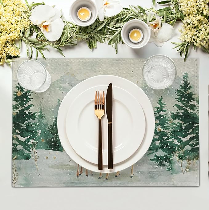 Christmas Watercolor Deer Trees Snowflakes Placemats Set of 4 Winter Rustic Nature Forest Linen Table Mat 12x18 Inch Seasonal Farmhouse Washable Place Mats for Dining Table Kitchen Xmas Decor-Ruum Studio Home
