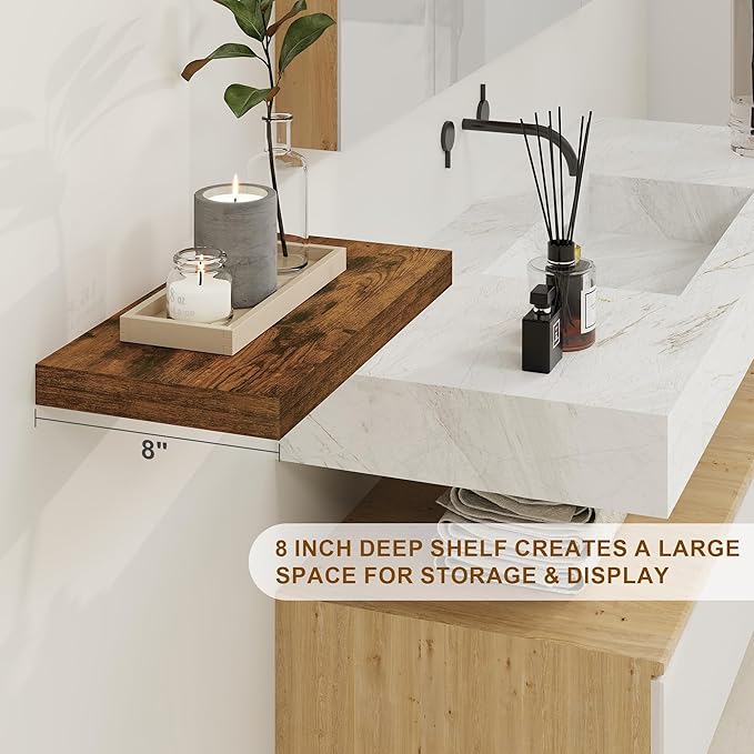 Fun Memories Floating Shelves for Wall, 8 Inch Deep Floating Wall Shelf, 16" x 8" Floating Shelves - Set of 2, Rustic Wooden Storage Shelves for Bathroom, Living Room, Kitchen, Rustic Brown Color-Ruum Studio Home