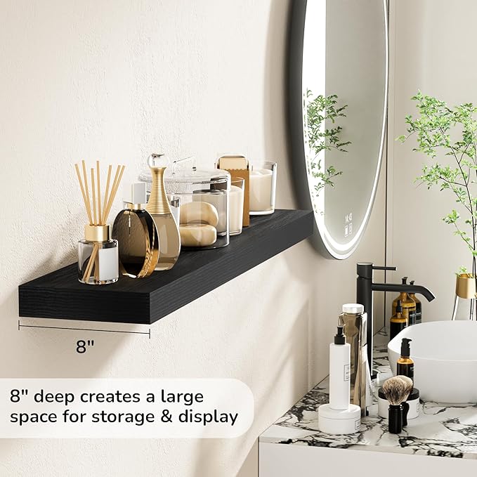Fun Memories 36 Inch Floating Shelves - Deep Rustic Black Wooden Wall Shelves - Extra Deeper & Thicker Wall Mounted Storage Shelf for Bedroom, Kitchen, Farmhouse - 2 Pack, Rustic Black-Ruum Studio Home