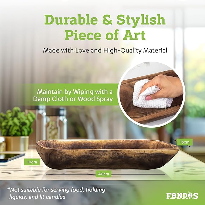 Wooden Dough Bowl for Decor - 17¾ in Long Hand Carved Paulownia, Large Rustic Decorative Bowl for Home Table Centerpiece, Keys, Entryway Table, Catchall Tray & Wooden Dining Room Centerpiece-Ruum Studio Home