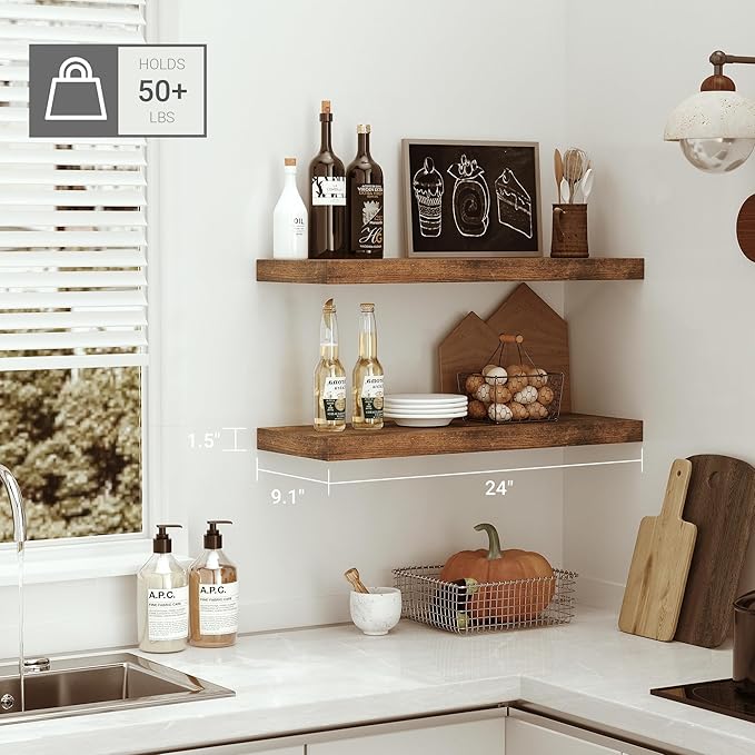 Floating Shelves for Wall 24 inchs Long, 9.1” Deep x 1.5” Thick Wall Shelves for Bedroom, Living Room, Bathroom，Kitchen, Office, Rustic Farmhouse Shelf Decor with Invisible Bracket, Set of 2-Ruum Studio Home