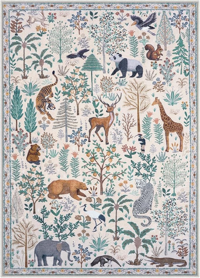 OJIA Jungle Living Room Rug 9x12 Washable Rugs for Bedroom, Ultra-Thin Modern Beige Non-Shedding Large Area Rug Playroom Rug Non-Slip Stain Resistant Accent Carpet for Kids Room Dining-Ruum Studio Home
