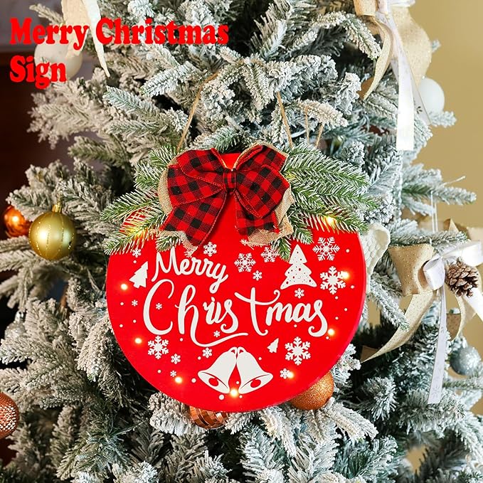 HOMCDALY Merry Christmas Welcome Sign for Front Door, Red X-mas Sign with Light, Holiday Door Decoration Wooden Hanging Sign, Christmas Decoration, Wall Art, Wall Decor(Red)-Ruum Studio Home