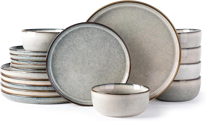 GBHOME Ceramic Dinnerware Sets for 6, 18 Pieces Stoneware Plates and Bowls Sets, Reactive Glaze Dishes -Scratch Resistant, Dishwasher&Microwave Safe, Green Wheat-Ruum Studio Home