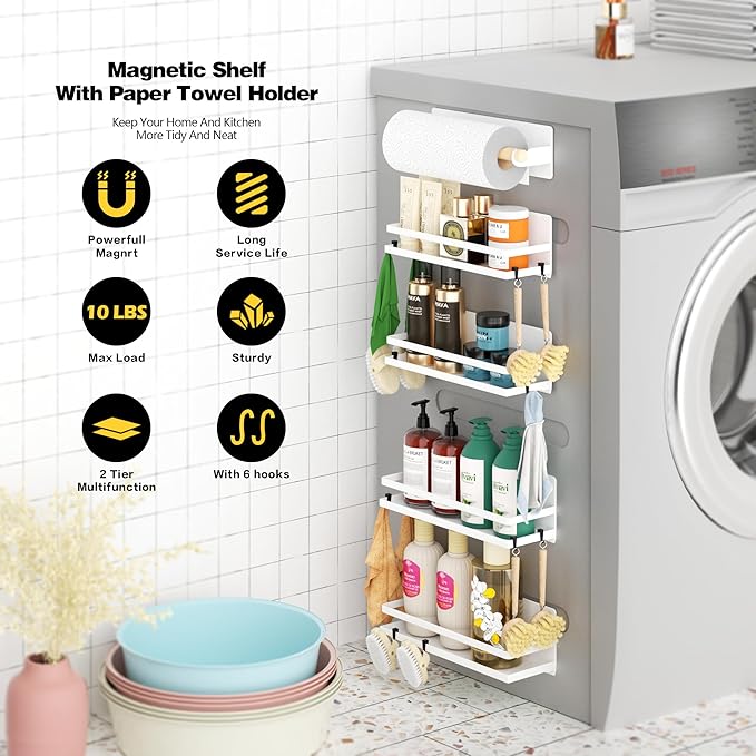 Magnetic Spice Rack for Refrigerator Moveable Magnetic Shelf Organizer with Paper Towel Holder Kitchen Refrigerator Storage Rack Fridge Magnet Organizer,White,3 Packs-Ruum Studio Home