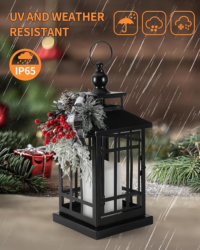 iStatue Metal Black Christmas Lantern with Flameless Candle, 14'' Modern Farmhouse Decor Festive Holiday Rustic Home Gifts for Indoor / Outdoor (Xmas)-Ruum Studio Home