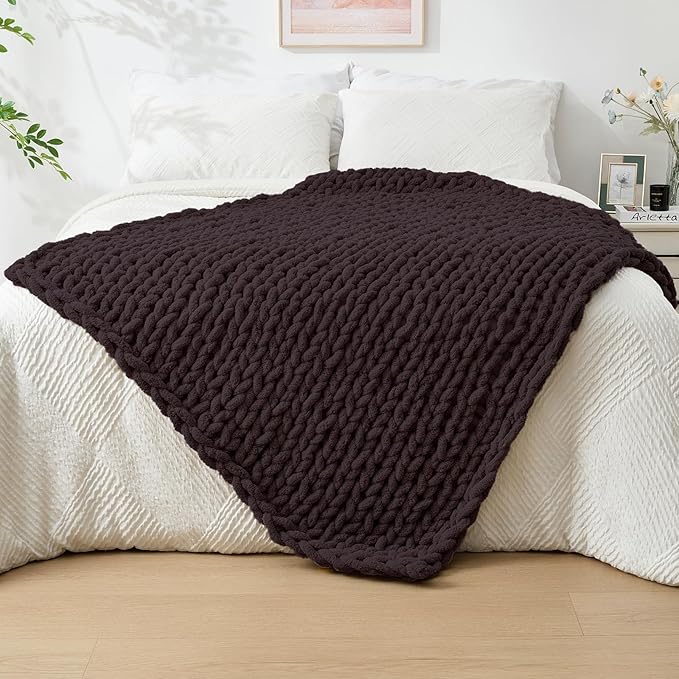 Bigacogo Chunky Knit Throw Blanket for Couch, 40x60 inches, 100% Hand Knitted with Thick Jumbo Chenille Yarn, Cozy Soft Large Rope Knot Cable Crochet Blankets for Sofa Bed Living Room, Chocolate-Ruum Studio Home