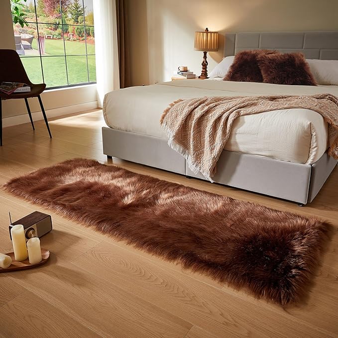 AMTOVO Faux Fur Rug, Coffee Ultra Soft Fluffy Shag Sheepskin Rug, 2 x 6 ft Runner Area Rugs for Bedroom Sofa Throw Cushion Room Decor, Rectangle-Ruum Studio Home