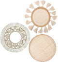 LOCS MICRAI Boho Wall Basket Decor Set of 3 - Flat Woven Basket Wall Hanging Decor,Round Tassels White Macrame Tapestry Wall Decor Art,Handmade Rattan Wicker Seagrass Home Wall Baskets Decor-Ruum Studio Home