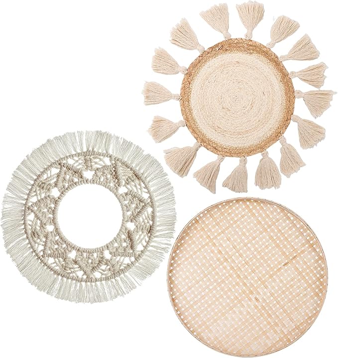 LOCS MICRAI Boho Wall Basket Decor Set of 3 - Flat Woven Basket Wall Hanging Decor,Round Tassels White Macrame Tapestry Wall Decor Art,Handmade Rattan Wicker Seagrass Home Wall Baskets Decor-Ruum Studio Home
