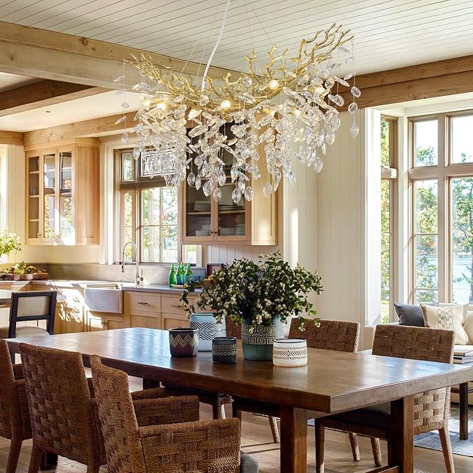 Modern Crystal Gold Chandelier, 36" Large Rectangular Oval Tree Branch Crystal Chandeliers for Dining Room,16-Light Flush Mount K9 Crystal Chandeliers, for Kitchen Island,Dining Room-Ruum Studio Home