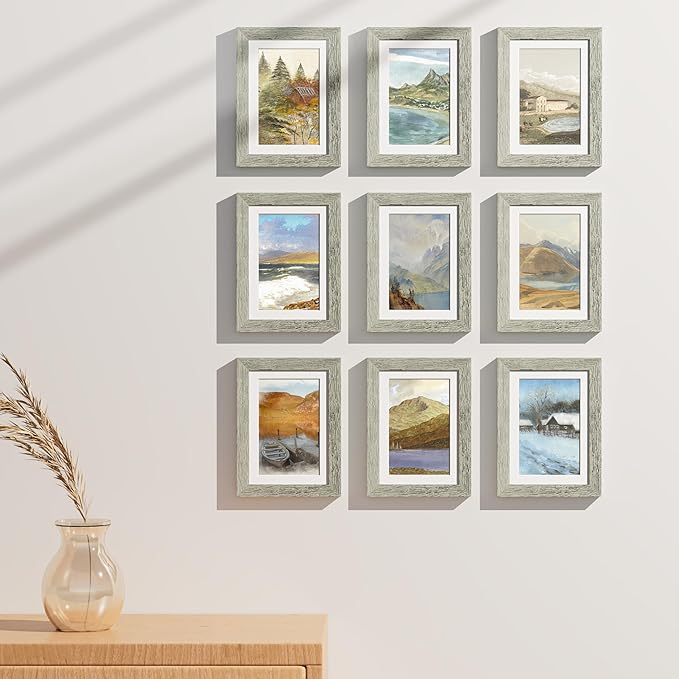 Vittanly 5x7 Picture Frames Set of 9, Shatter Resistant Plexiglass, Display 4x6 Pictures with Mat or 5x7 without Mat, Photo Frames for Wall or Tabletop, Engineered Wood, Grey-Ruum Studio Home