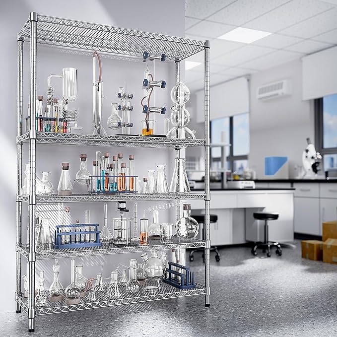 IZEUK 4250 LBS Garage Shelving Wide Storage Shelves 5 Tier Metal Shelves Heavy Duty Adjustable Utility Shelf Rack Chrome 17.7" D x 59.1" W x 70.4" H-Ruum Studio Home