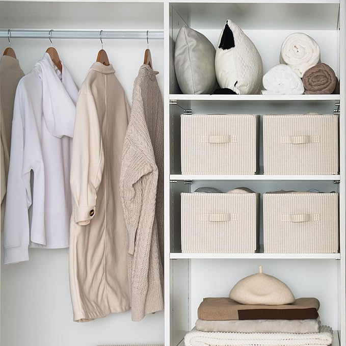 StorageWorks Storage Baskets for Shelves, Foldable Fabric Closet Storage Bins with Handles, Fabric Storage Bins Clothes Organizer, Beige Stripes, 3-Pack, Large-Ruum Studio Home