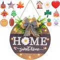 Interchangeable Welcome Sign for Front Door with 14 Changeable Icons, Farmhouse Front Porch Decor Rustic Wooden Wall Sign with 12 LED Lights, Outdoor Seasonal Welcome Home Decorations (Wood home1)-Ruum Studio Home