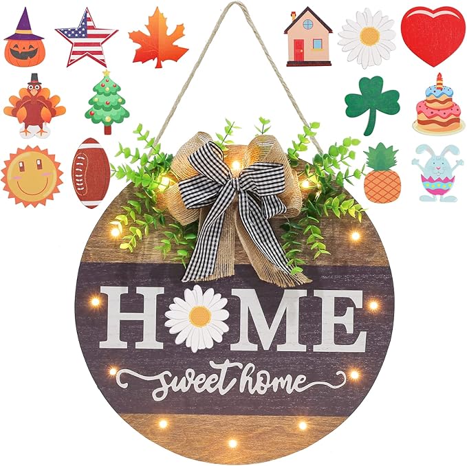 Interchangeable Welcome Sign for Front Door with 14 Changeable Icons, Farmhouse Front Porch Decor Rustic Wooden Wall Sign with 12 LED Lights, Outdoor Seasonal Welcome Home Decorations (Wood home1)-Ruum Studio Home