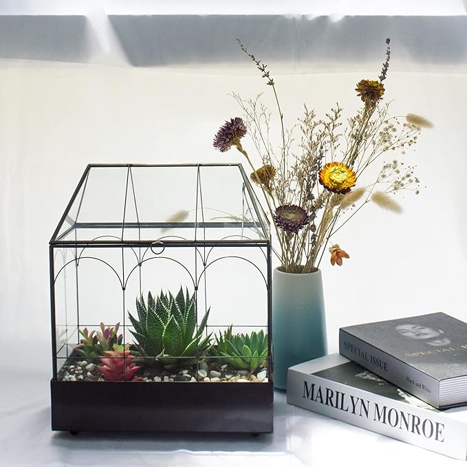 Large Tall Glass Plant Terrarium – House Succulent Terrarium Kit with Lip and Tray Glass Greenhouse Terrarium for Plant 9.5”X5.7”X11.4”-Ruum Studio Home