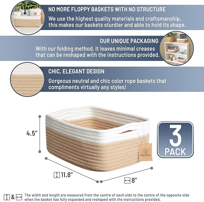 NaturalCozy 11.8"x8"x4.5” Storage Baskets for Shelves 3 Pack | Cotton Rope Woven Small Baskets for Organizing | Small Storage Bins for Nursery, Bathroom, Closet, Cube Shelf, Decorative, Gift Basket-Ruum Studio Home