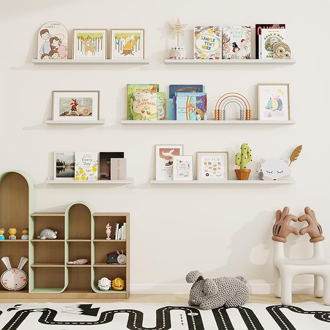 Picture Ledge Shelf, Solid Pine Wood Floating Shelves Set of 2, 32 Inches Nursery Book Shelves for Toys Storage, Kids Bookshelf Wall Mounted for Living Room Bedroom Decor Books Photo Frames, White-Ruum Studio Home