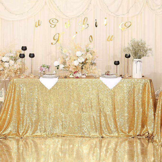 SquarePie Sequin Tablecloth 90 x 156 Inch Gold Sparkly Table Linen for Wedding Party-Ruum Studio Home