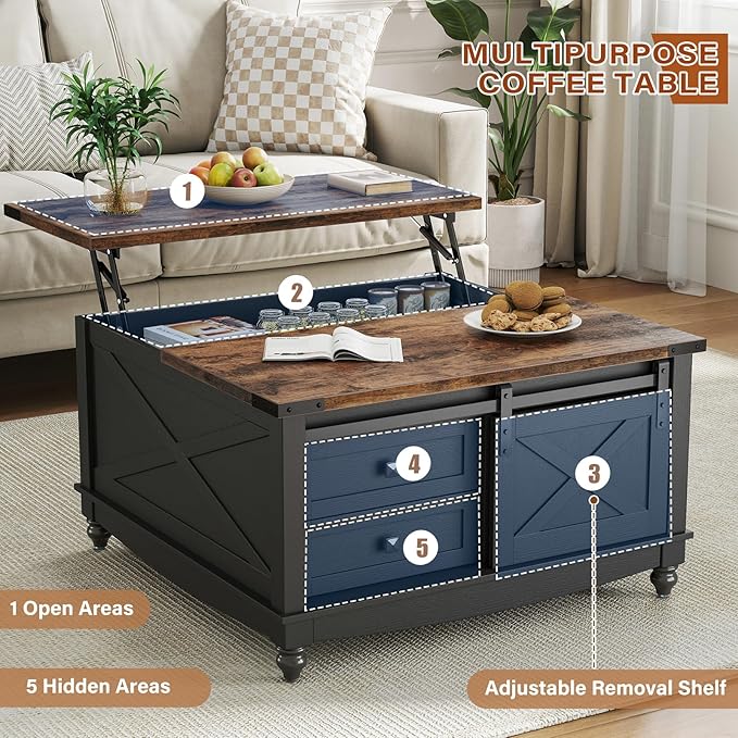 31.5" Lift Top Coffee Table with Storage, Farmhouse Coffee Tables for Living Room, Square Coffee Table with Large Hidden Storage Compartment, 2 Drawers & Removable Shelves, Black-Ruum Studio Home