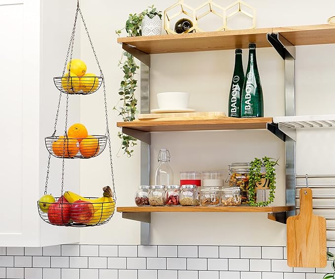 CAXXA 3-Tier Hanging Basket Fruit Organizer Kitchen Heavy Duty Wire Organizer with 2 Free Bonus Metal Ceiling Hooks(Bronze)-Ruum Studio Home