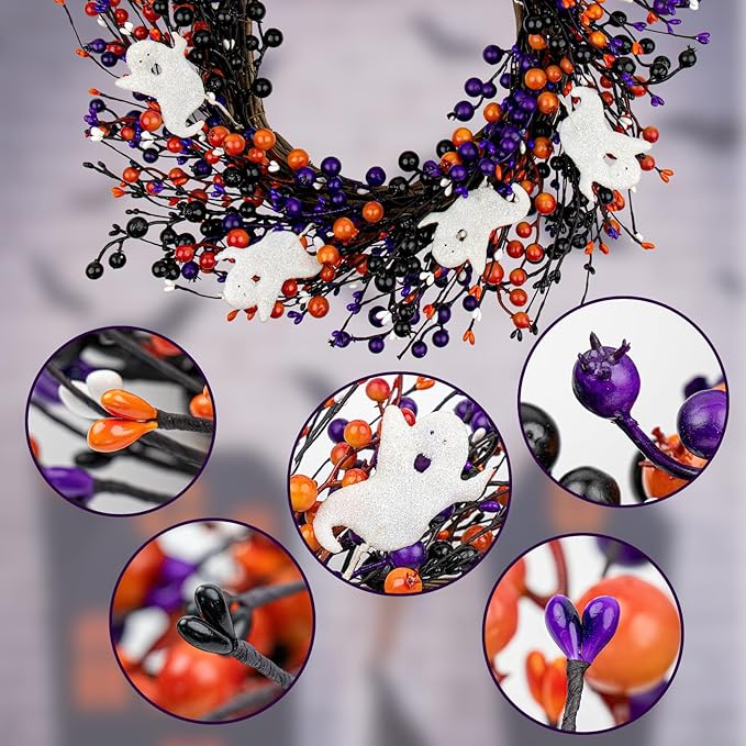 20-Inch Halloween Wreath - Handmade Orange & Black Berry Wreath with Adorable Mini Ghosts, Spooky Front Door Decor for Halloween Party-Ruum Studio Home