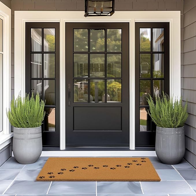 Barnyard Designs Natural Coco Coir Heavy Duty Backing Doormat - Large Cute Non-Slip Front Door Welcome Mat for Outside Entrance or Porch Entry, Brown (30x48, Paws)-Ruum Studio Home