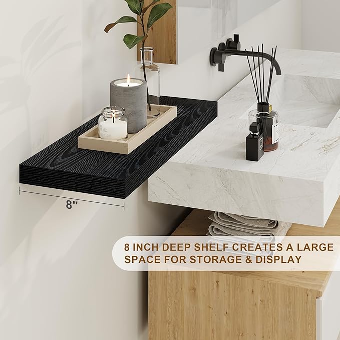 Fun Memories Black Floating Shelves 36 Inch Long, 8 Inch Deep Floating Shelf for Wall, 36" W x 8" D Wall Shelves Set of 2, Black Deep Floating Shelves for Bedroom, Living Room, Kitchen-Ruum Studio Home