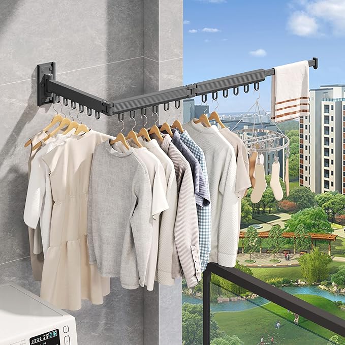 Wall Mounted Clothes Drying Rack - Foldable, Retractable Laundry Hanger with Grey-Rings-Ruum Studio Home